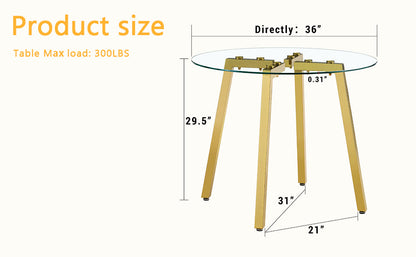 Modern Luxurious Round Tempered Glass Dining Table With Gold 7-Shaped Metal Legs,suitable for Family Meals, Office Confe