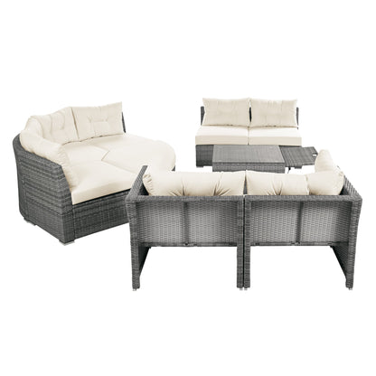 Patio Furniture Set Outdoor Daybed Rattan Sectional With Cushions and Center Table, Beige, Iron & Rattan, Multiple Sizes
