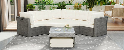 Patio Furniture Set Outdoor Daybed Rattan Sectional With Cushions and Center Table, Beige, Iron & Rattan, Multiple Sizes