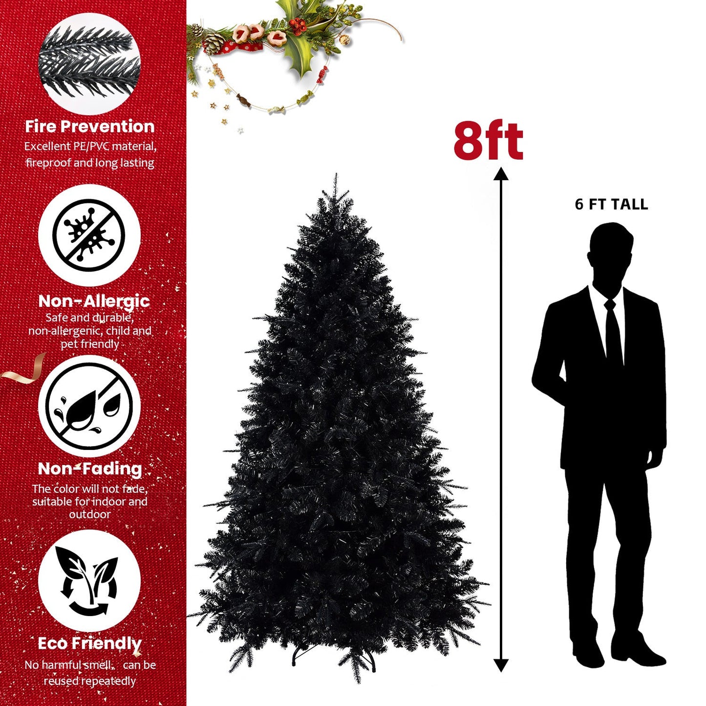 7ft Black Christmas Tree With 450 White LED Lights, 1916 Tips PE+PVC Artificial Tree for Halloween & Holiday Decor, Hing