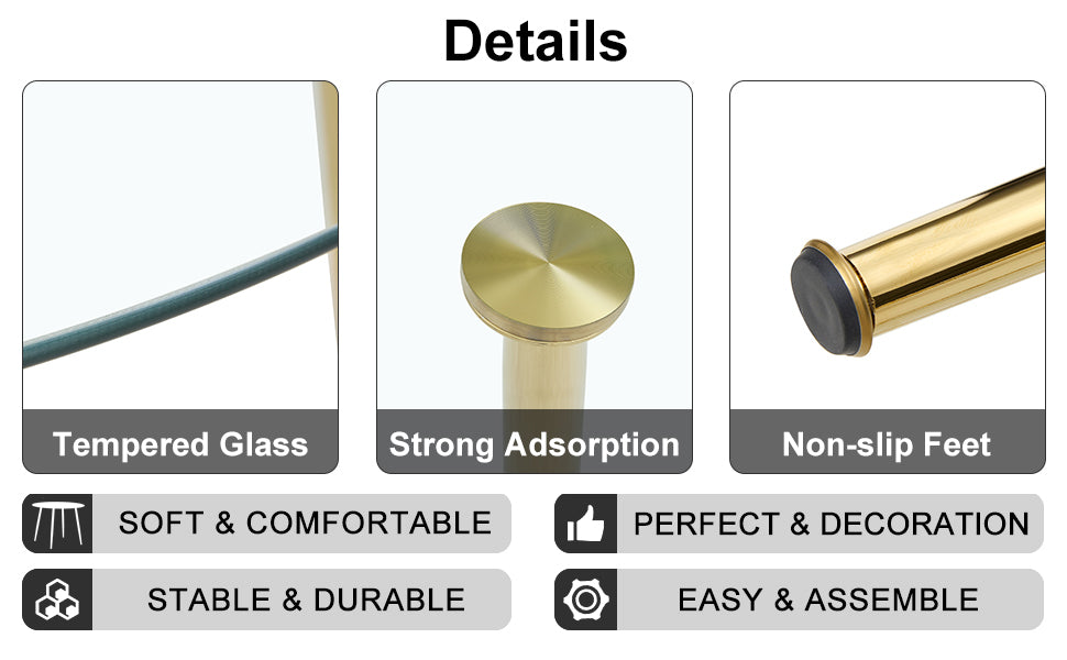 A Glass Tabletop With a Diameter of 40 Inches and a Modern Minimalist Circular Dining Table With Gold Plated Metal Legs.