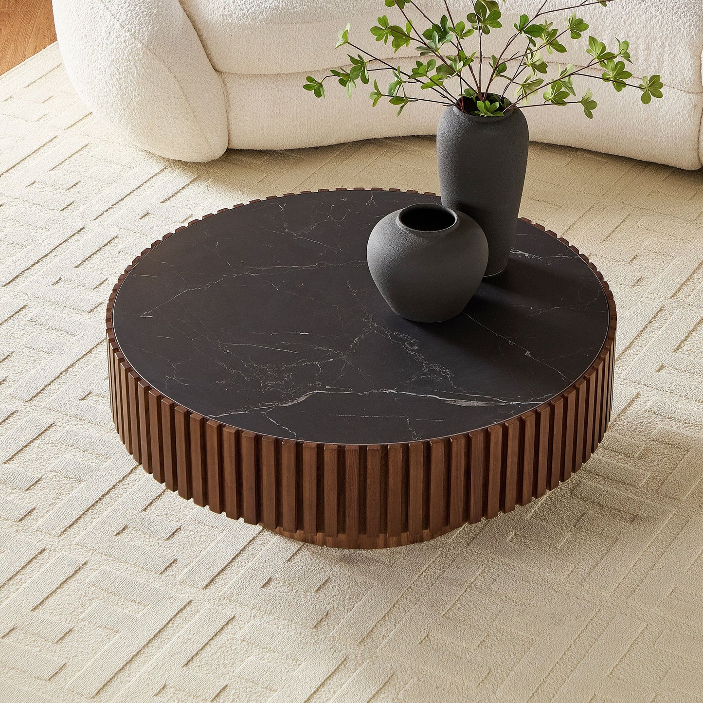 35.43'' Nesting Round Sintered Stone Tabletop Modern Drum Coffee Table Luxury Circle Coffee Table for Apartment Walnut