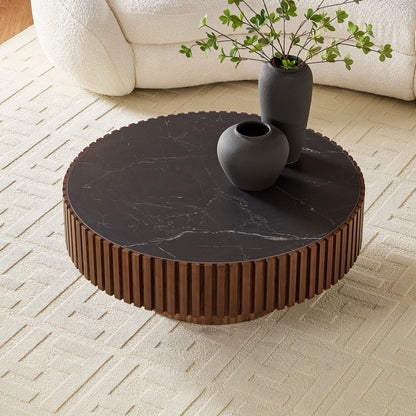 35.43'' Nesting Round Sintered Stone Tabletop Modern Drum Coffee Table Luxury Circle Coffee Table for Apartment Walnut