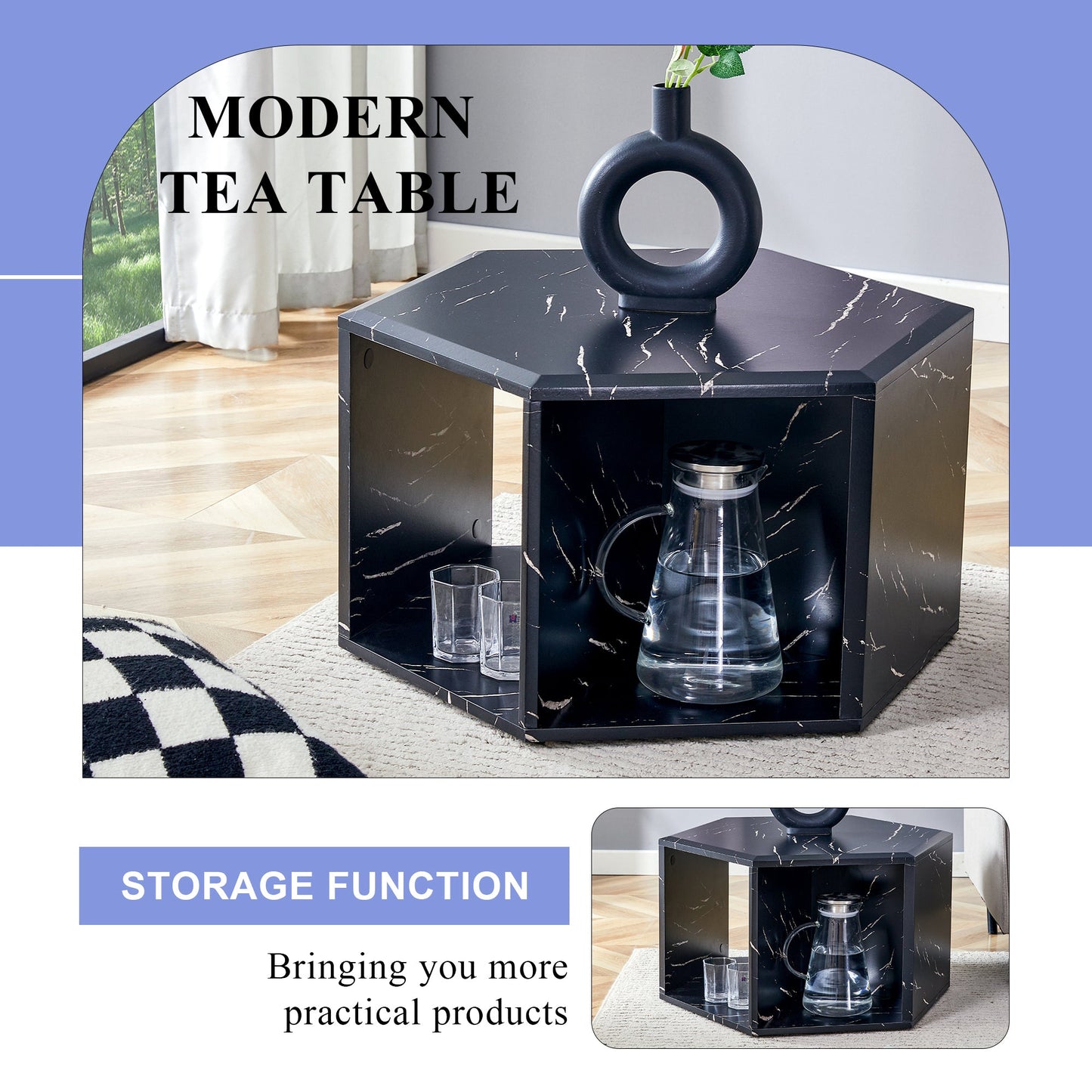 Hexagonal MDF Coffee Table, Characteristic Pattern Stickers, Multi-Hole Design to Give More Storage Space, Simple and Co