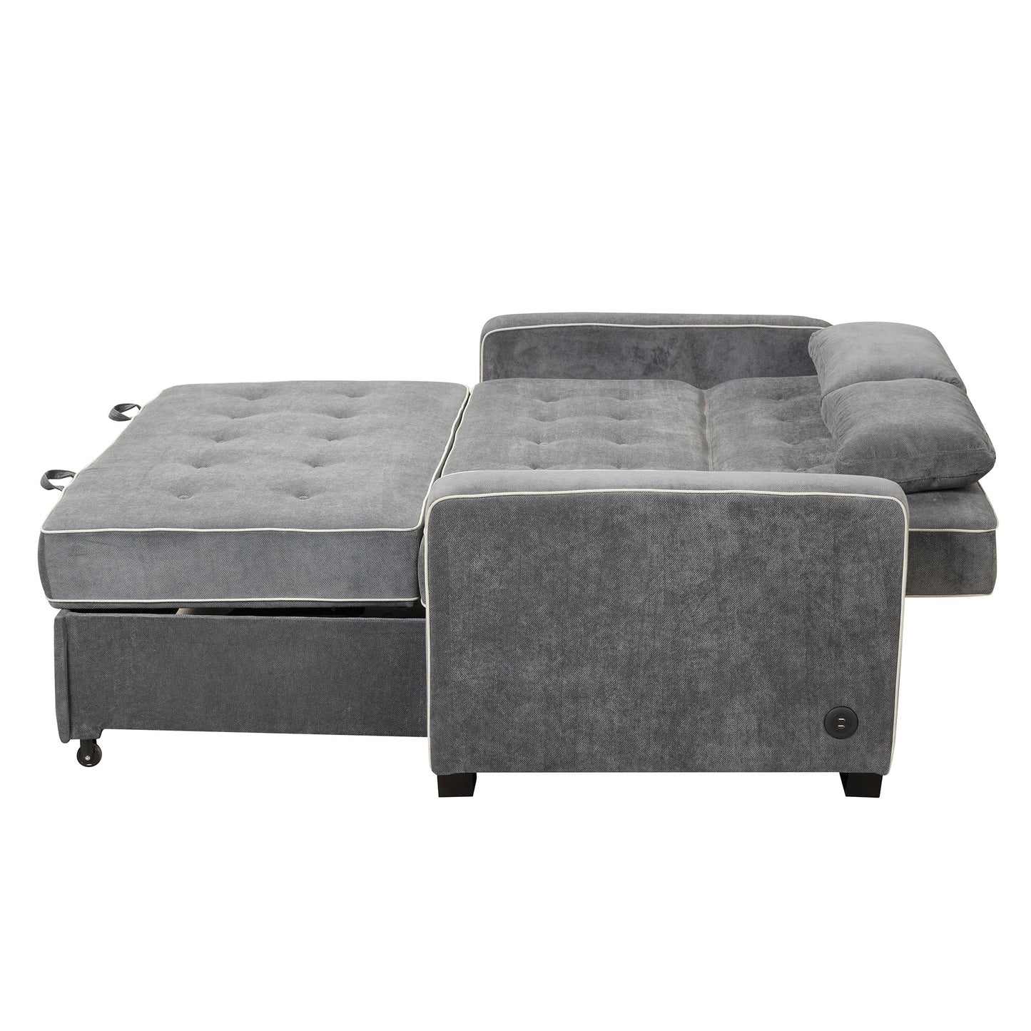 61.4' Upholstered Sleeper Bed, Pull Out Sofa Bed Couch Attached Two Throw Pillows, Dual USB Charging Port and Adjustable