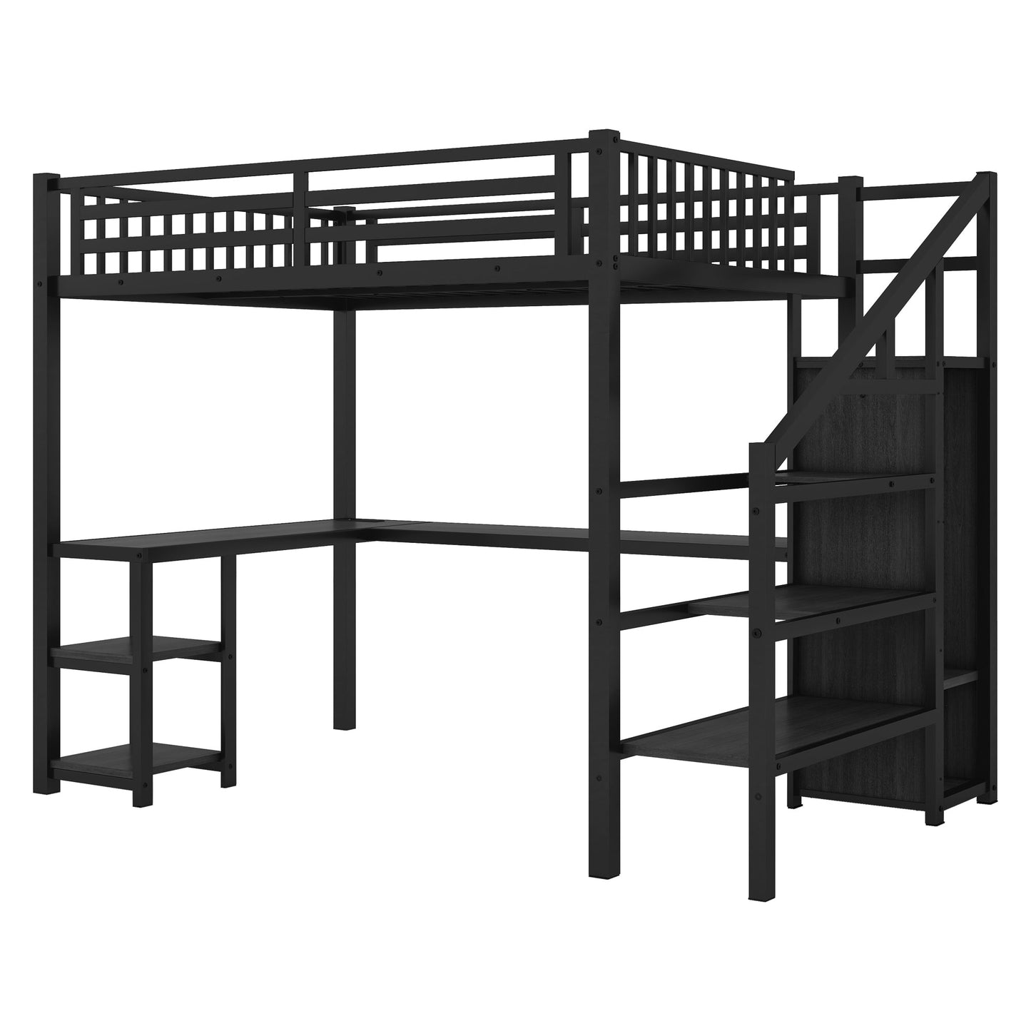 Metal Full Loft Bed With Wardrobe and LED Light, Full Size Loft Bed With L Shaped Desk and USB for Kids Teens Adults, Bl