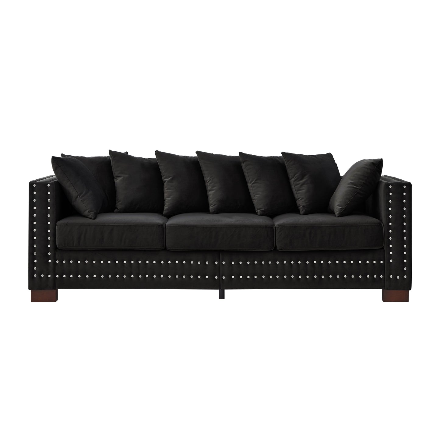 Modern Design Living Room Sofa Square Armrest With Silver Nails Decoration Upholstered Velvet Couch Black