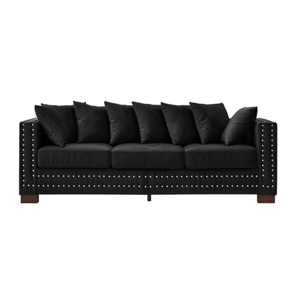 Modern Design Living Room Sofa Square Armrest With Silver Nails Decoration Upholstered Velvet Couch Black