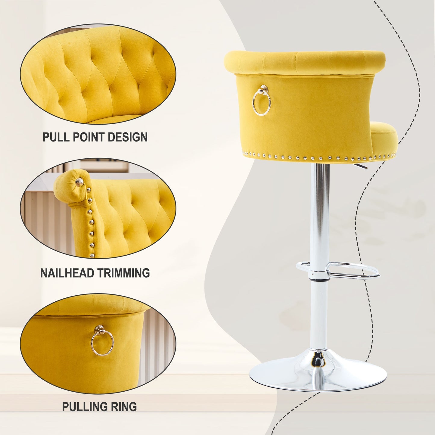 Velvet Bar Stool Set of 2, Adjustable Swivel Bar Stools With Silver Plated Metal Leg, Chrome Nailhead, Counter Height Ch