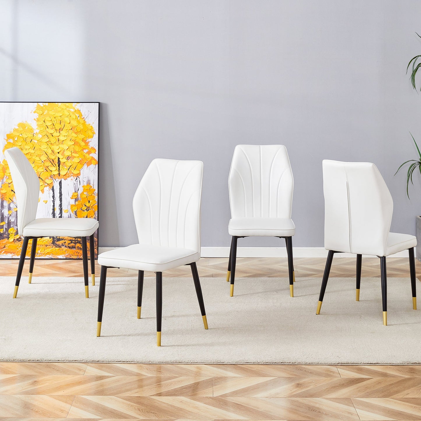 4 Modern Dining Chairs With Stylish PU Patterned Backrest and Black Metal Legs for a Comfortable Home Experience in the