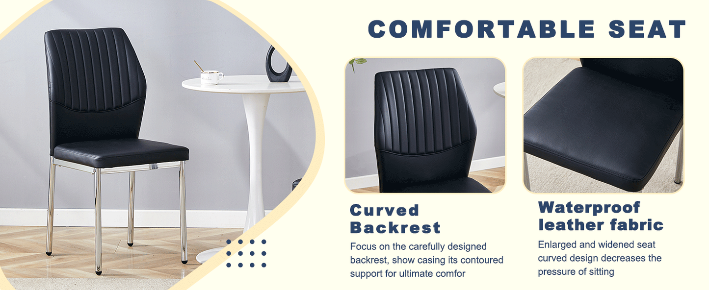 Table and Chair set.A 38.6' Transparent Tempered Glass Round Dining Table-Silver Metal Legs.Paired With 6 BLACK PU Mater