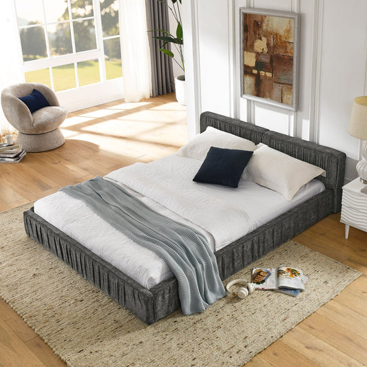 Modern Queen Size Upholstered Bed Frame With Chenille Fabric and Pleated Design in Grey