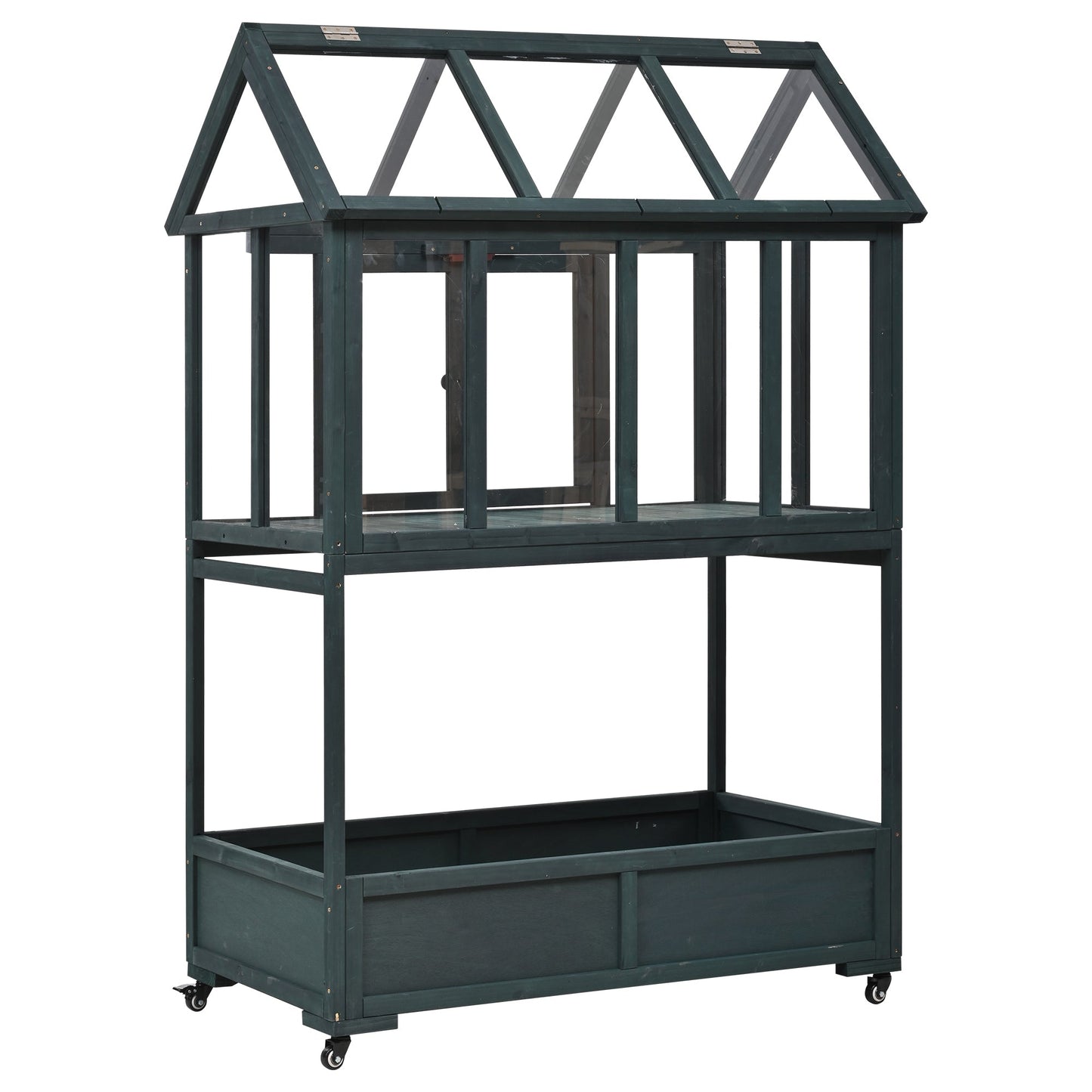 Garden Wood Portable Cold Frame With Movable Wheels Mini Greenhouse With Openable Roof and Storage Box, Forest Green