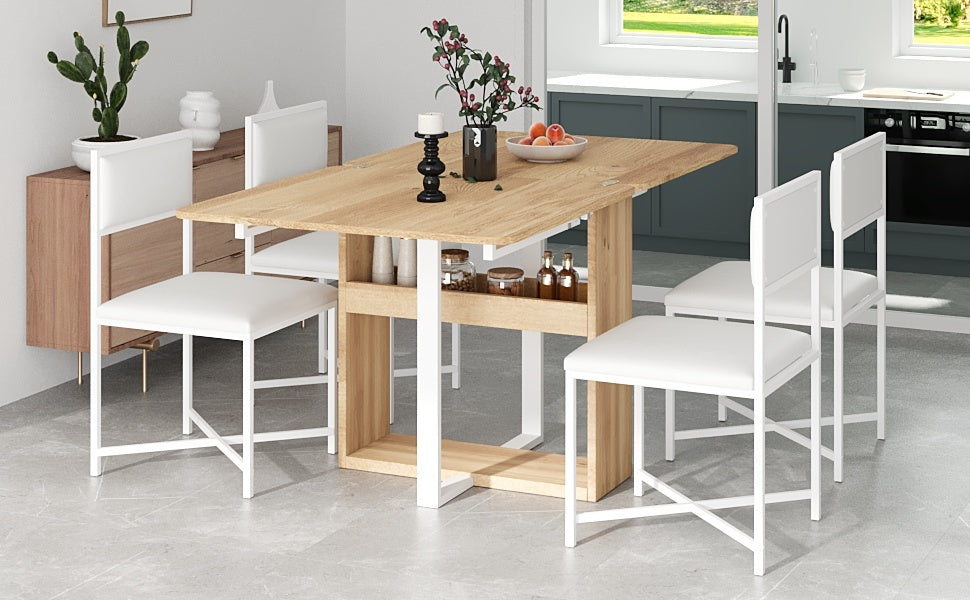 Modern Compact 63inch 5-Piece Extendable Dining Table Set, Foldable Square Kitchen Table Set With Storage Rack and 4 PU