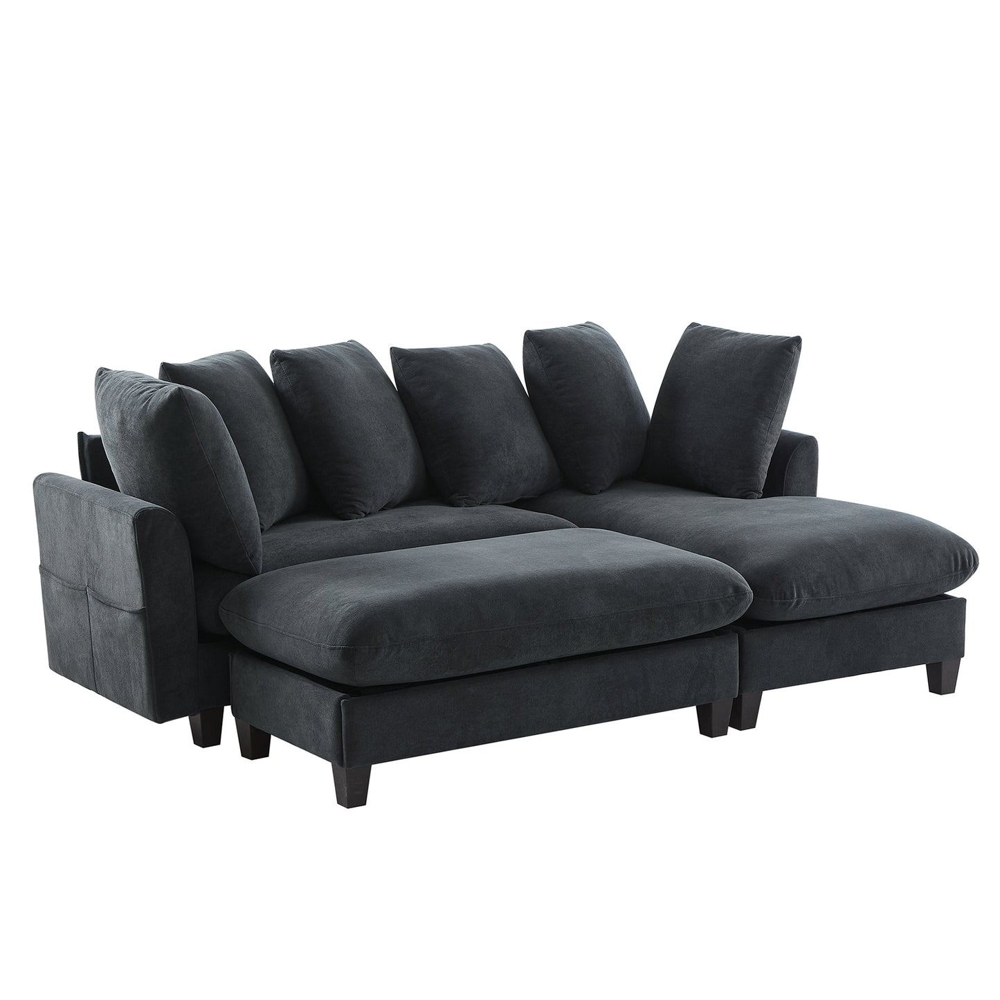 Black Upholstered 83' L-Shaped Sectional Sofa With Storage, Movable Ottoman, and Six Throw Pillows