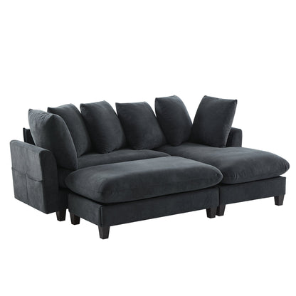 Black Upholstered 83' L-Shaped Sectional Sofa With Storage, Movable Ottoman, and Six Throw Pillows