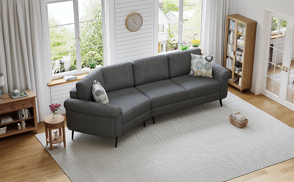 111' Upholstered 3-Seater Sofa Curved Sofa Couch With Two Printed Pillows for Living Room, Dark Gray