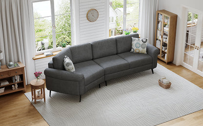 111' Upholstered 3-Seater Sofa Curved Sofa Couch With Two Printed Pillows for Living Room, Dark Gray