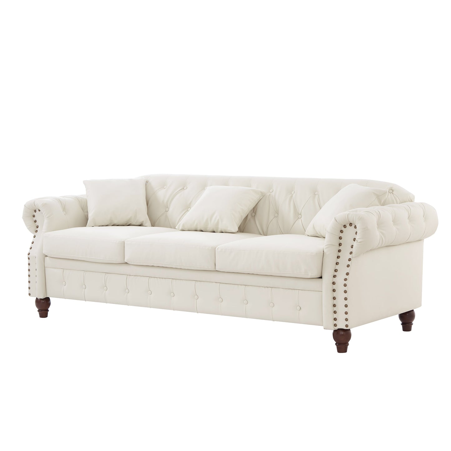 85.8' Living Room Chesterfield Sofa Classic Tufted Design Faux Leather PU Upholstered Sofa With Storage (Ivory)