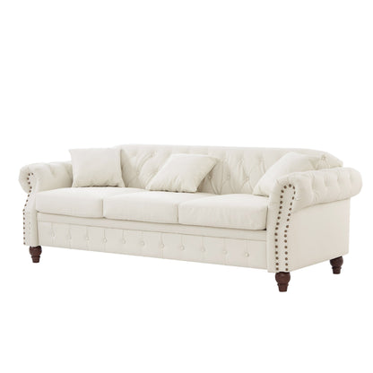 85.8' Living Room Chesterfield Sofa Classic Tufted Design Faux Leather PU Upholstered Sofa With Storage (Ivory)