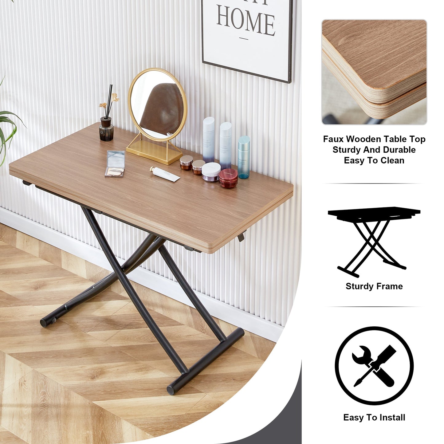 Modern Minimalist Multifunctional Lifting Table, With a 0.8-Inch Wood Grain Process Sticker Desktop and Black Metal Legs