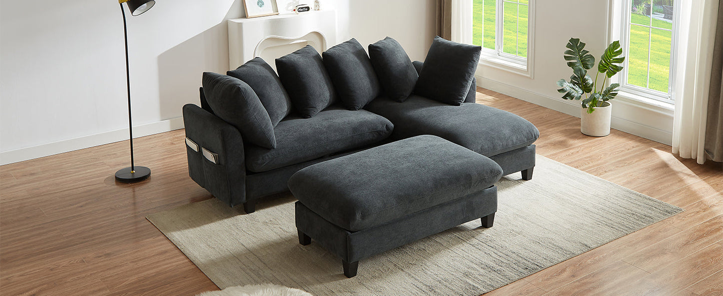 Black Upholstered 83' L-Shaped Sectional Sofa With Storage, Movable Ottoman, and Six Throw Pillows