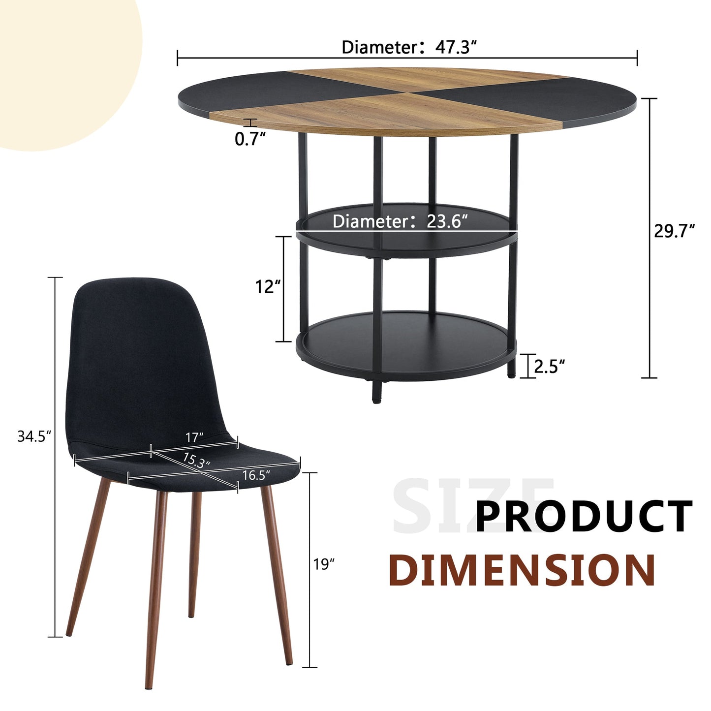 Table and Chair set.A 47.3-Inch Diameter Modern Splicing Circular Dining Table - Double-Layer storage.Paired With 4 Blac