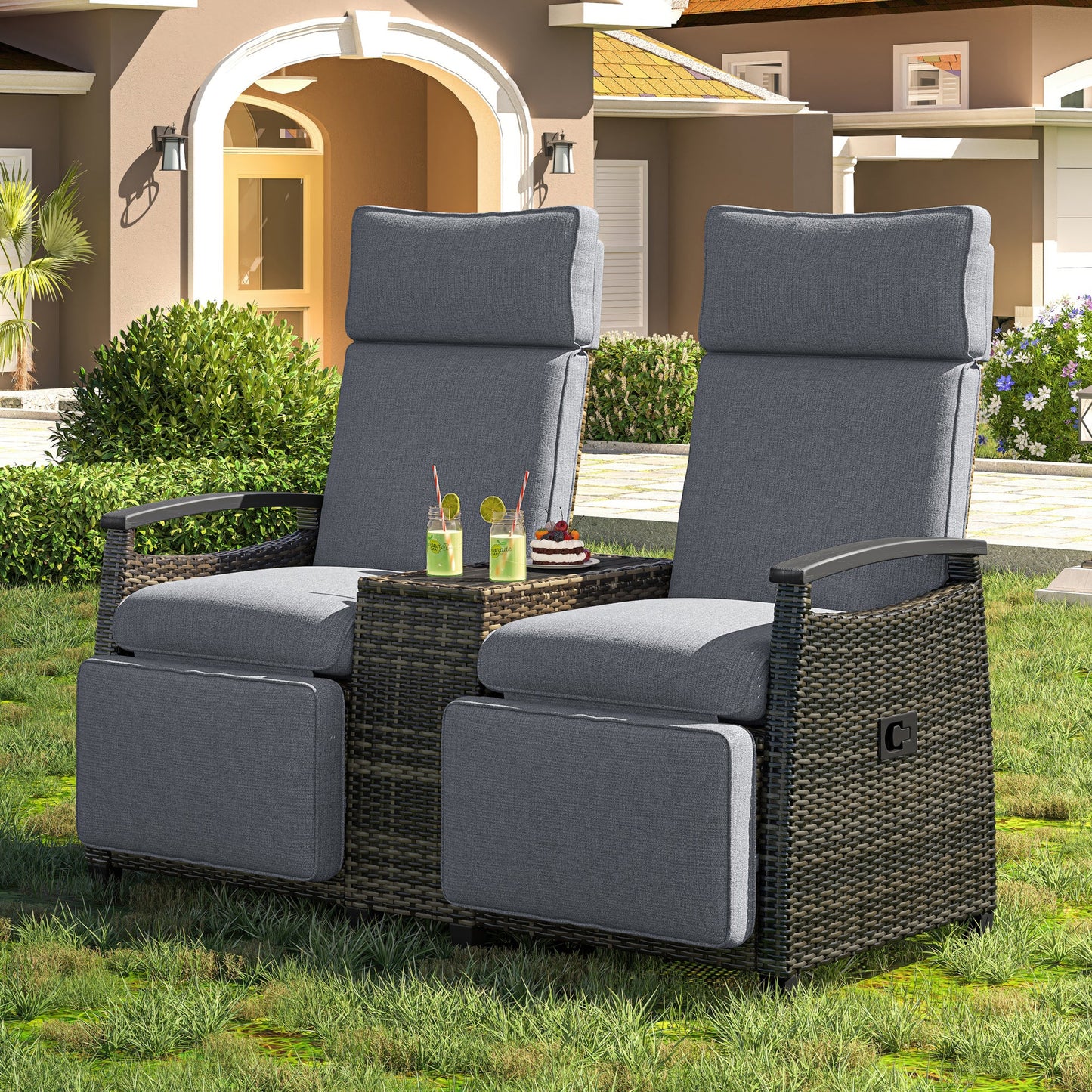 Patio Recliner Loveseat Chair, Adjustable Backrest Wicker Outdoor Lounge Chair Set With Acacia Wood Armrests and Built-I