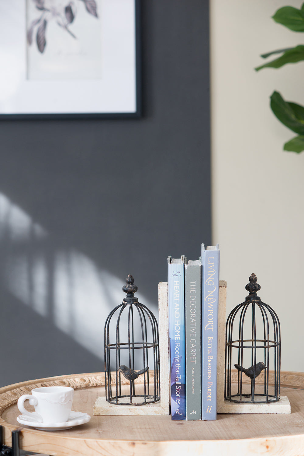S/2 5.5x4.5x10'  Distressed Black Bird Cage Bookend, Antique White