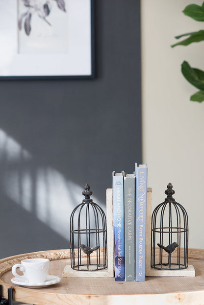 S/2 5.5x4.5x10'  Distressed Black Bird Cage Bookend, Antique White