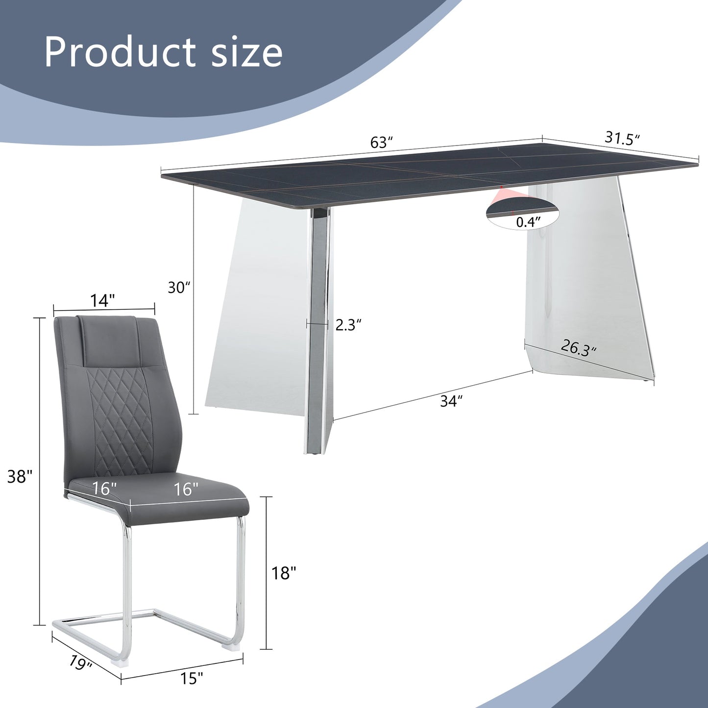 Table and Chair Set.63'x31.5x30' Black Marble-Patterned Slabs Tabletop With Stainless Steel Butterfly Legs.Paried With 6