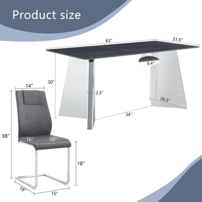Table and Chair Set.63'x31.5x30' Black Marble-Patterned Slabs Tabletop With Stainless Steel Butterfly Legs.Paried With 6