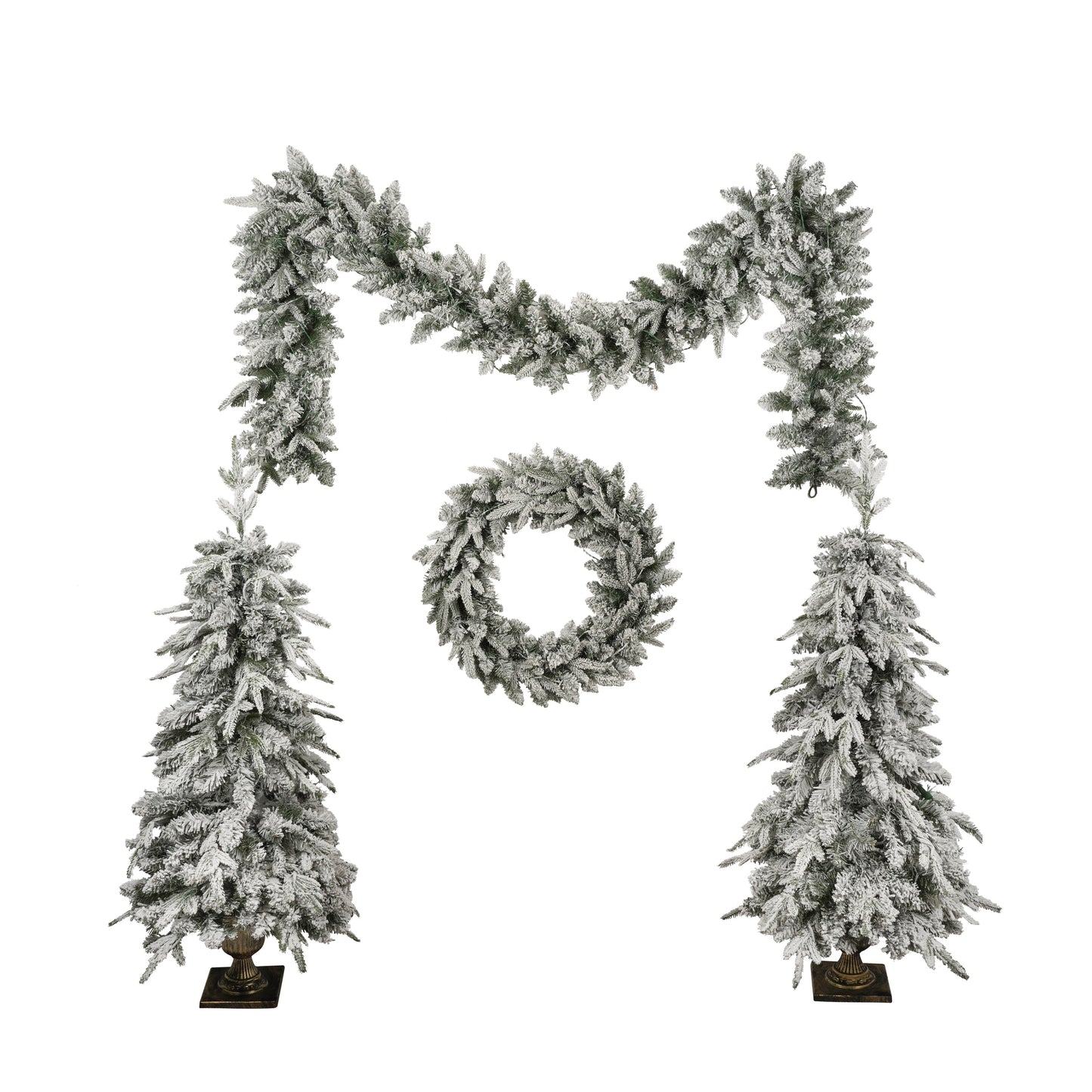 Pre-Lit Christmas Artificial Tree 4-Piece Set, Garland, Wreath and Set of 2 Entrance Trees, X-Mas With LED Lights, PVC F