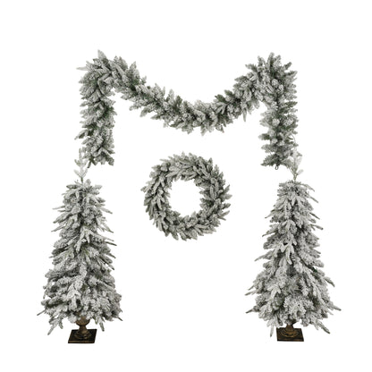 Pre-Lit Christmas Artificial Tree 4-Piece Set, Garland, Wreath and Set of 2 Entrance Trees, X-Mas With LED Lights, PVC F
