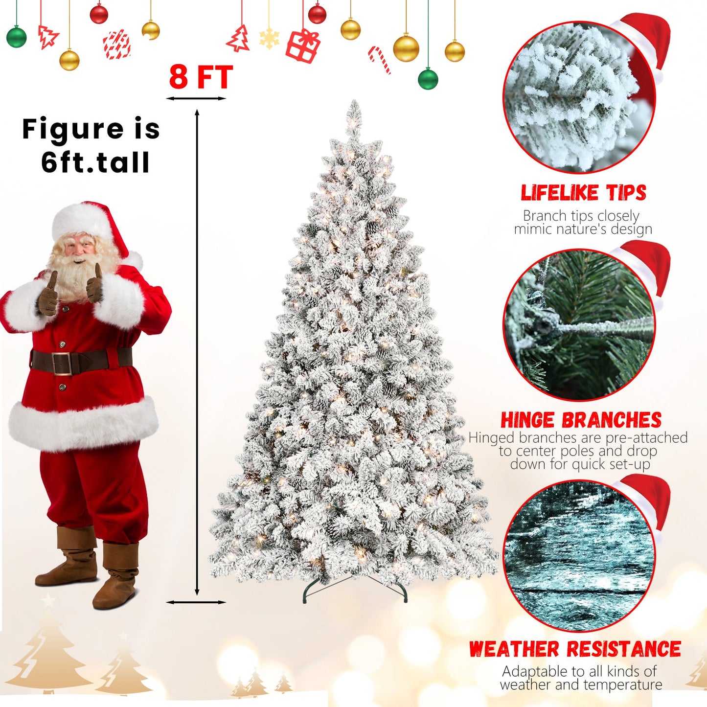 8FT Flocked Christmas Tree With 700 UL Lights and 54 Natural Pine Cones – Snowy PVC Tips, 1754 Tips, Hinged Structure, S