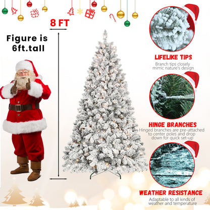 8FT Flocked Christmas Tree With 700 UL Lights and 54 Natural Pine Cones – Snowy PVC Tips, 1754 Tips, Hinged Structure, S