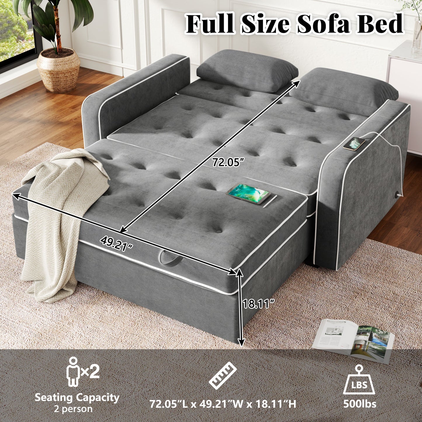 61.4' Upholstered Sleeper Bed, Pull Out Sofa Bed Couch Attached Two Throw Pillows, Dual USB Charging Port and Adjustable