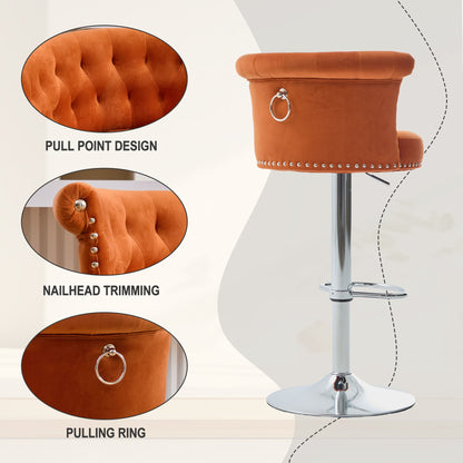 Velvet Bar Stool Set of 2, Adjustable Swivel Bar Stools With Silver Plated Metal Leg, Chrome Nailhead, Counter Height Ch