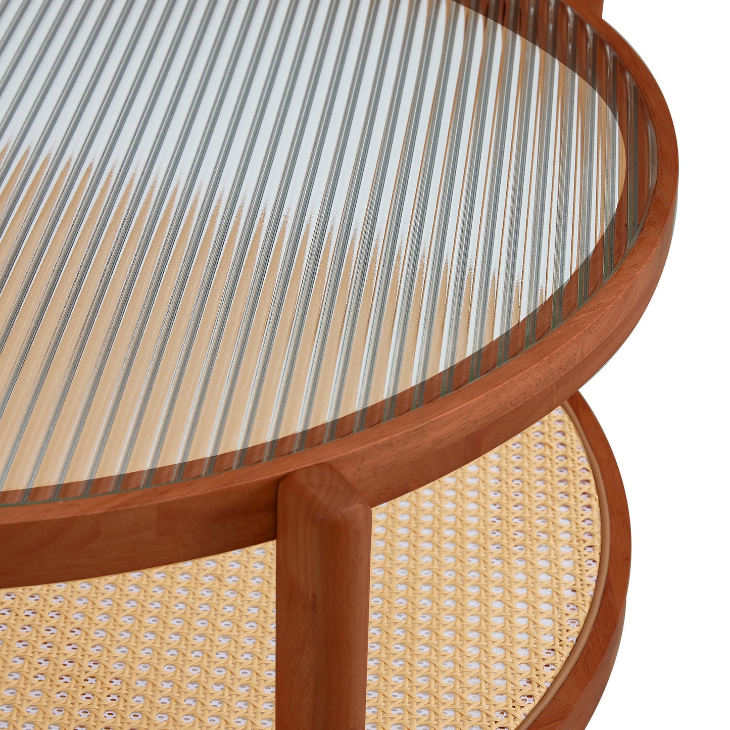 Modern Minimalist Circular Double-Layer Solid Wood Coffee Table With Glass Top, PE Rattan Layer, Walnut Finish