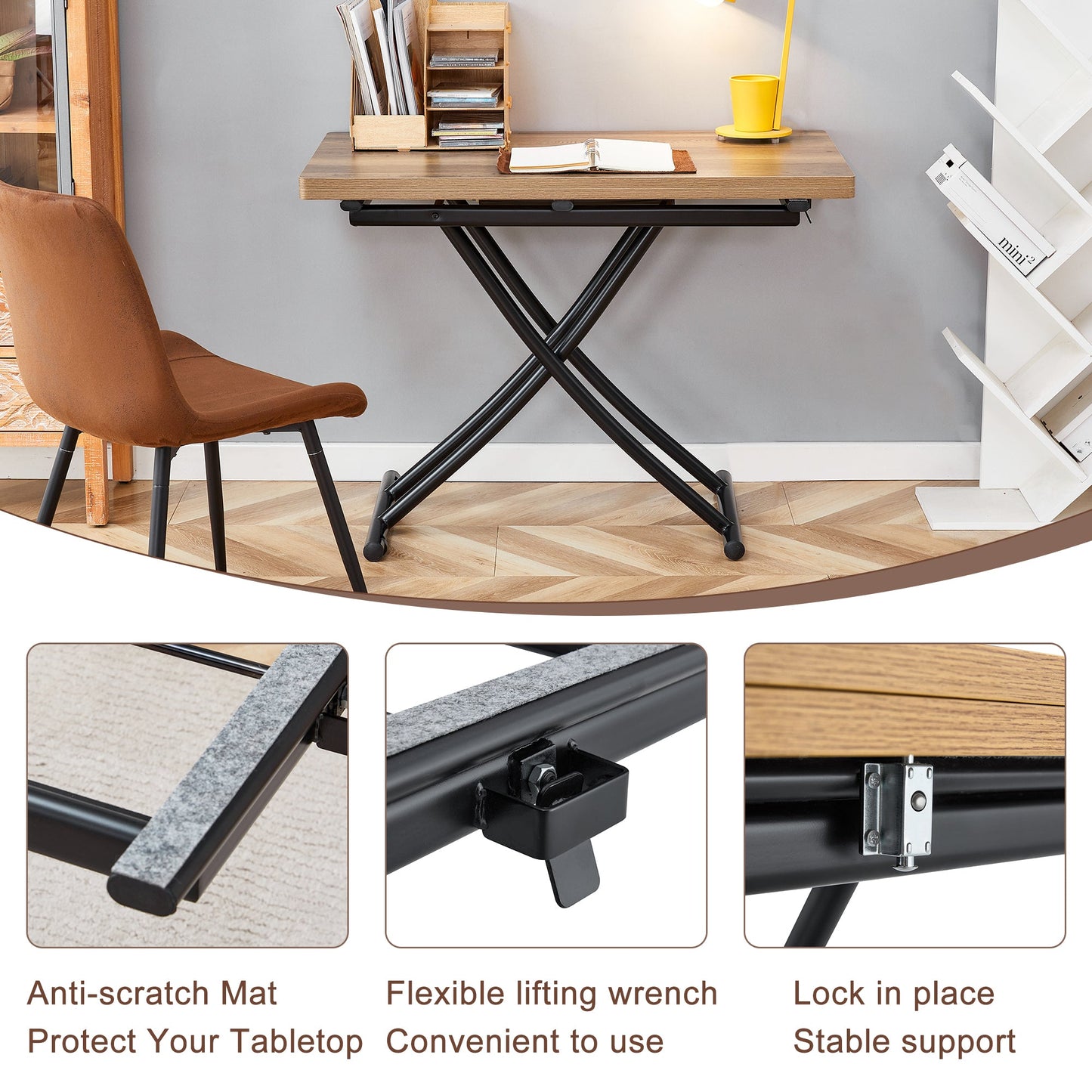 Table and Chair set.Modern Multifunctional Lifting Platform,Natural Wood Grain Sticker MDF Desktop, Black Metal Legs.Pai