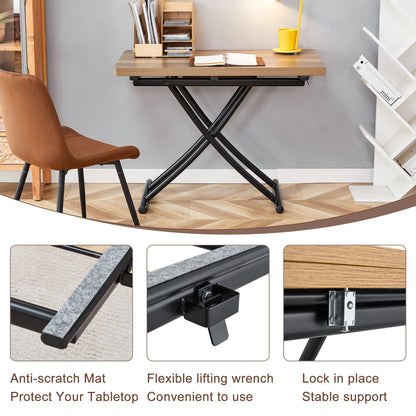 Table and Chair set.Modern Multifunctional Lifting Platform,Natural Wood Grain Sticker MDF Desktop, Black Metal Legs.Pai