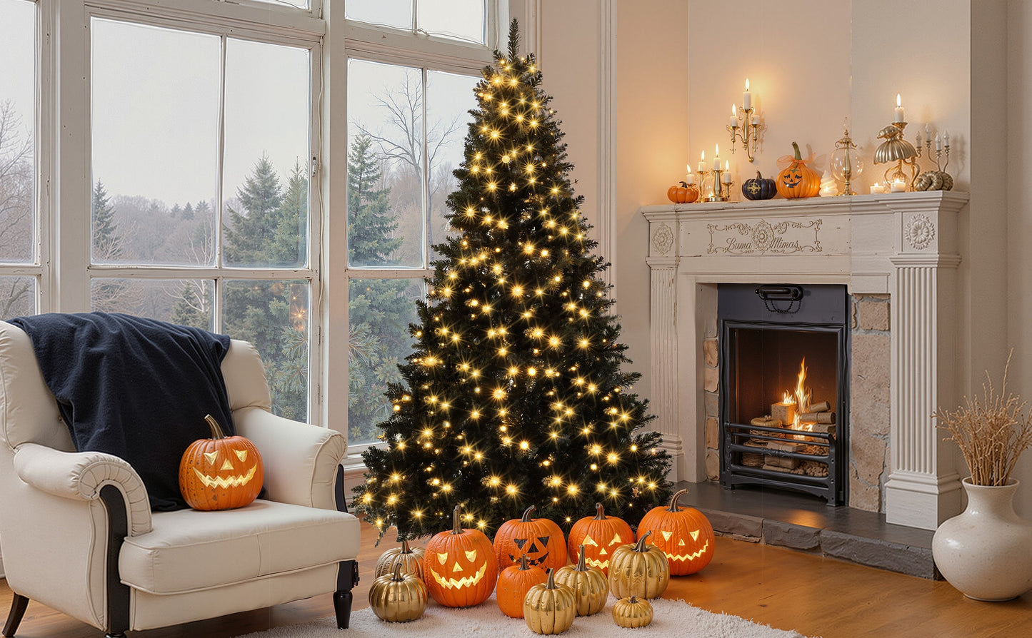 6FT Pre-Lit Black Artificial Hinged Christmas Tree, Holiday Spruce Xmas Tree With 920 Branch Tips and 280 Color LED Chan