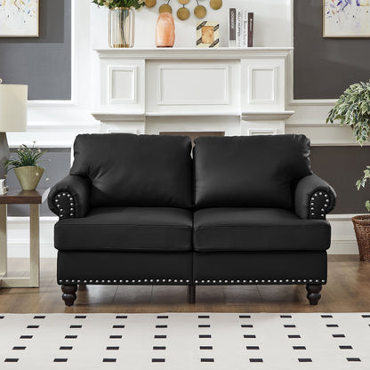 59.5' Modern Classic Design With Nails Living Room Loveseat Leather Couch,Upholstered Imitation Cowhide Leather Black