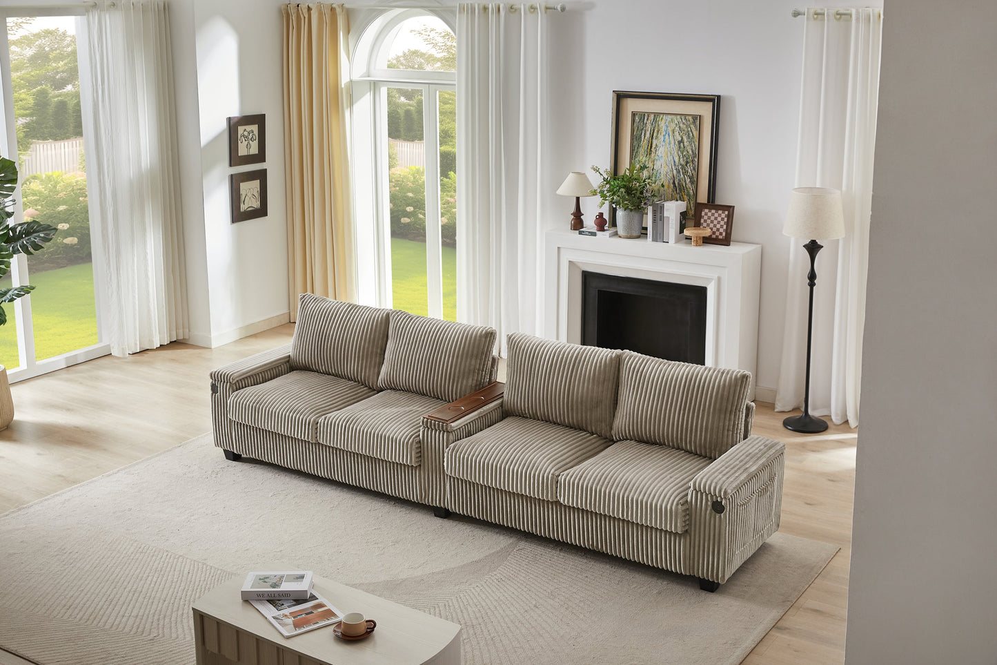 Modern 4-Seater Corduroy Sofa Couch With USB Ports, Hidden Storage Arms, and Flip-Top Cup Holders, Brown, 133 Inches