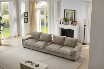 Modern 4-Seater Corduroy Sofa Couch With USB Ports, Hidden Storage Arms, and Flip-Top Cup Holders, Brown, 133 Inches