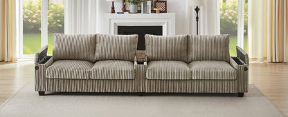 Modern 4-Seater Corduroy Sofa Couch With USB Ports, Hidden Storage Arms, and Flip-Top Cup Holders, Brown, 133 Inches