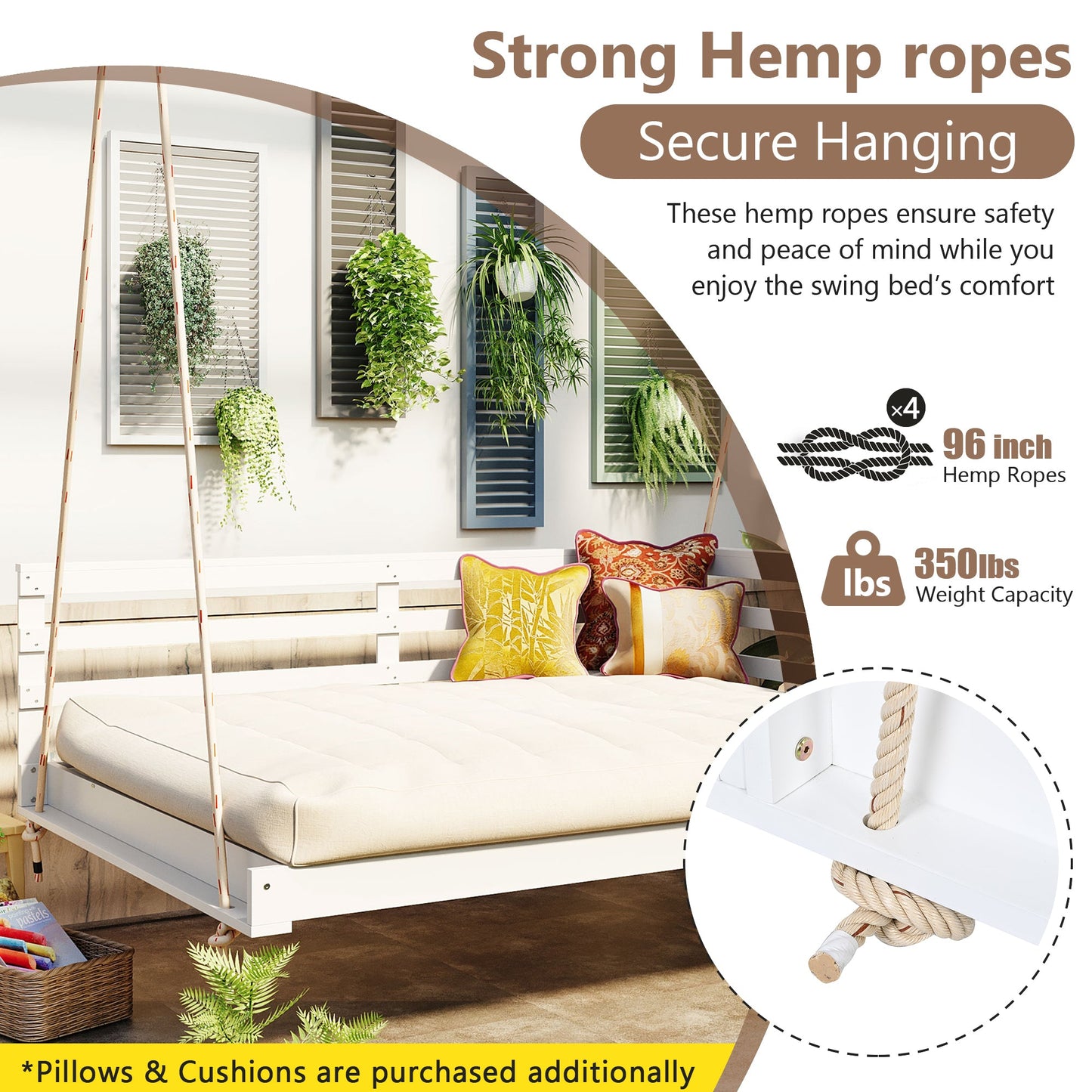 Acacia Wood Porch Swing Bed for Outdoor With Hemp Ropes - Full Size Patio Hanging Bed, 350lbs Capacity, Open-Side Minima