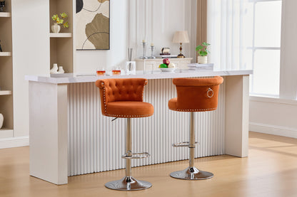 Velvet Bar Stool Set of 2, Adjustable Swivel Bar Stools With Silver Plated Metal Leg, Chrome Nailhead, Counter Height Ch