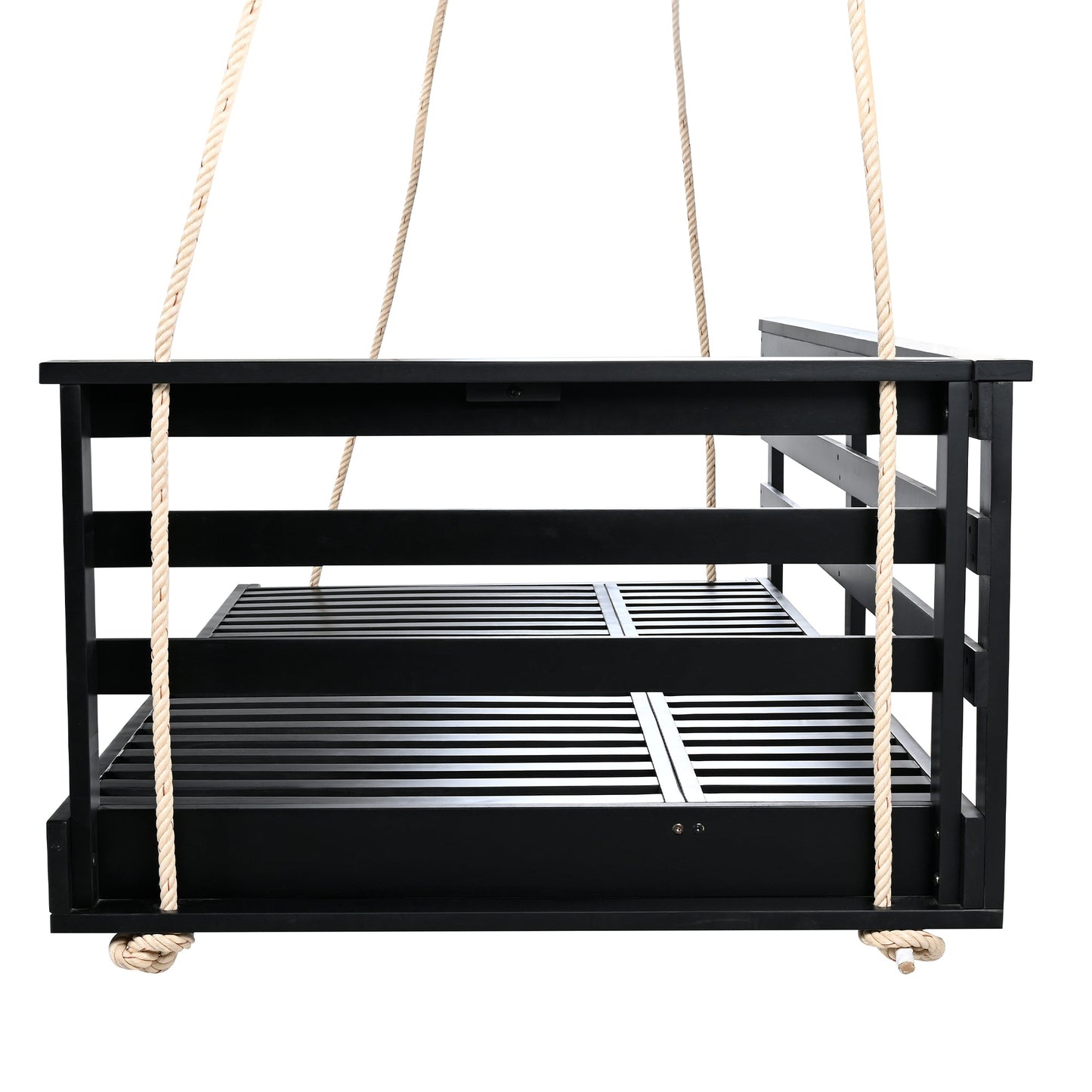 Country Patio Wooden Twin Size Swing Daybed Porch Swing Frame With 4pcs 96-Inch Hemp Ropes for Backyard, Garden, Black