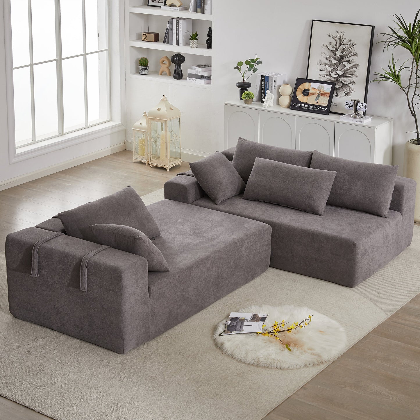 Modern Chenille Upholstered Sectional Sofa Couch Set,Modular 108' L Shaped Sectional Living Room Sofa Set With 6 Pillows